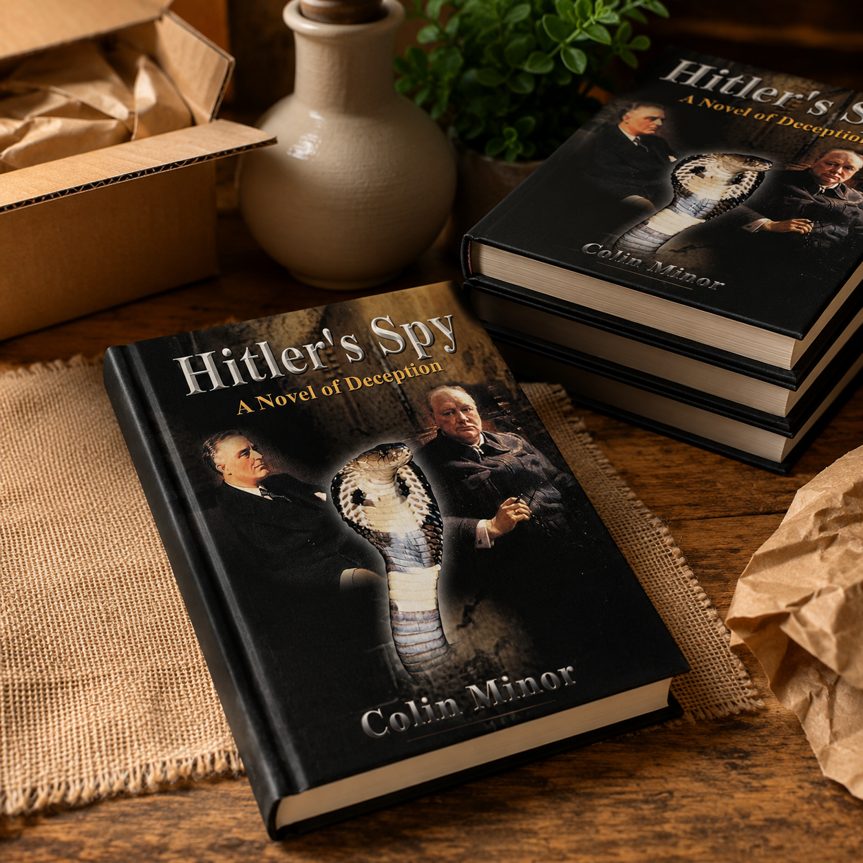 Two display copies of Hitler's Spy arranged on a warm wood table