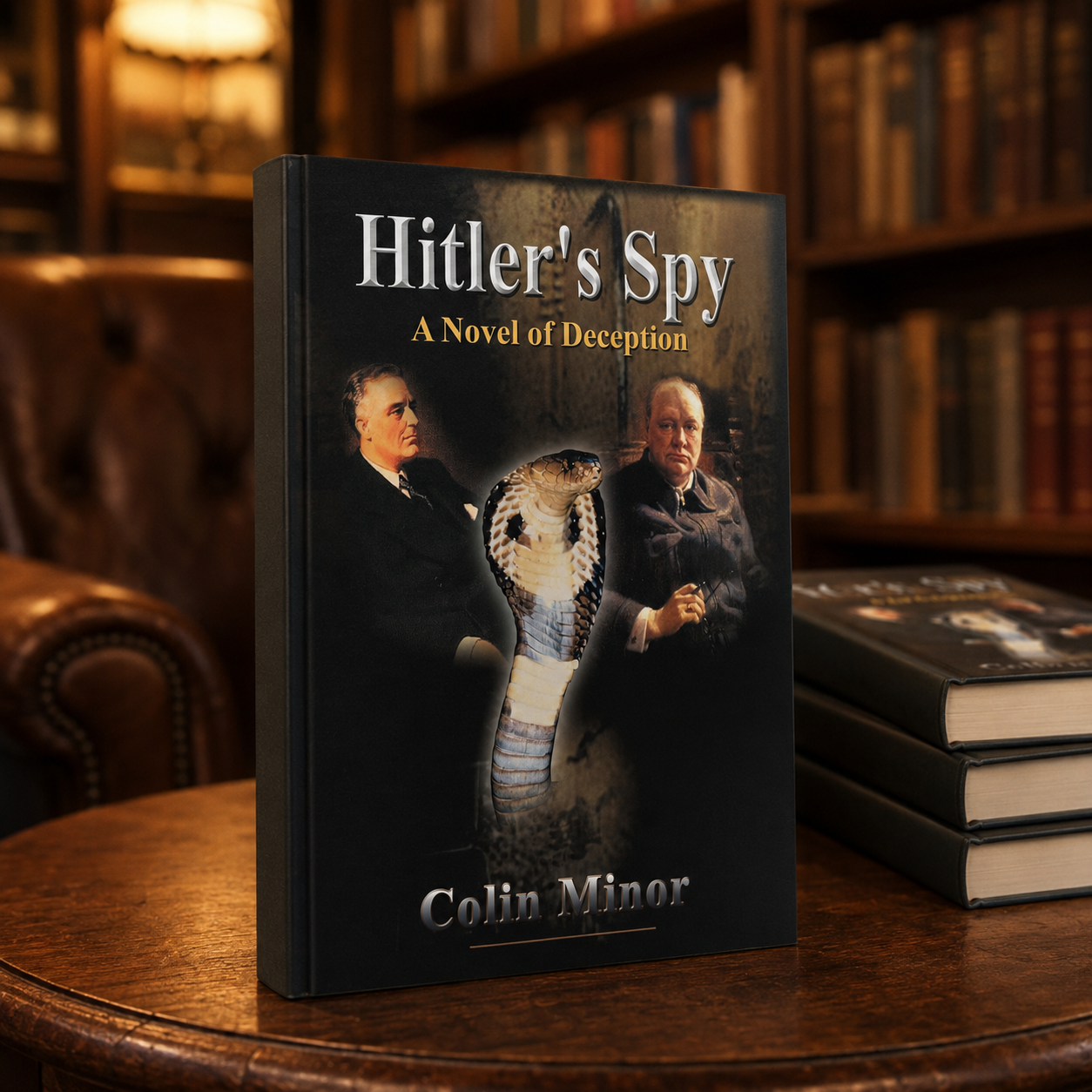 Hitler's Spy display copy in a cinematic library setting