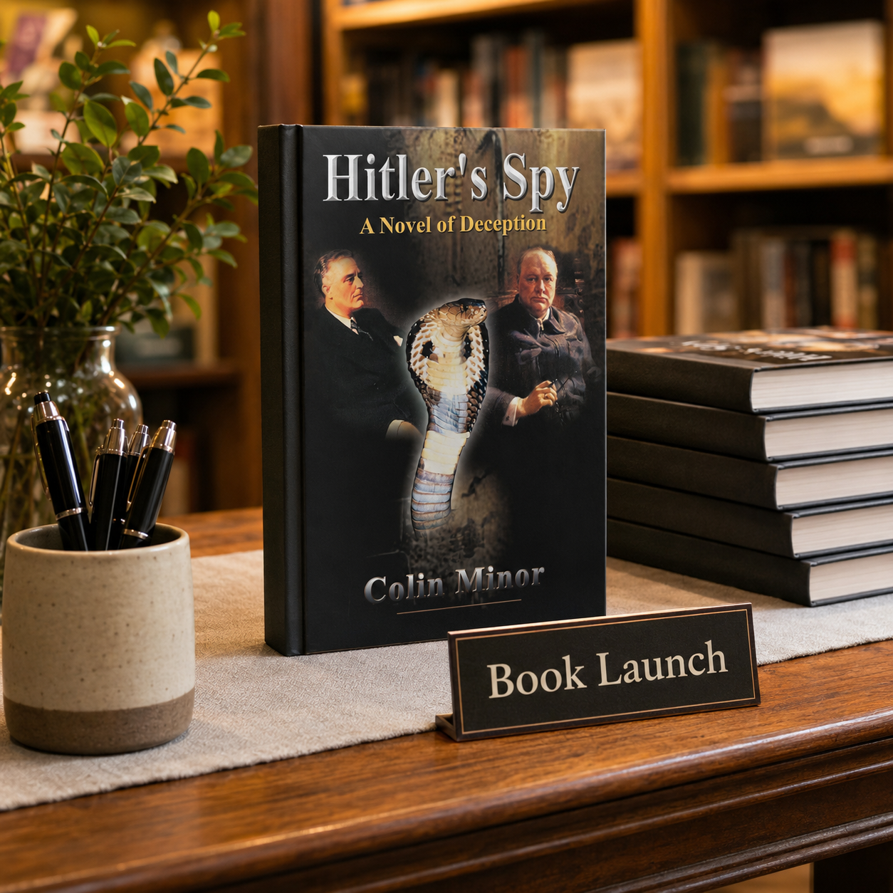 Hitler's Spy display copy beside a Book Launch sign